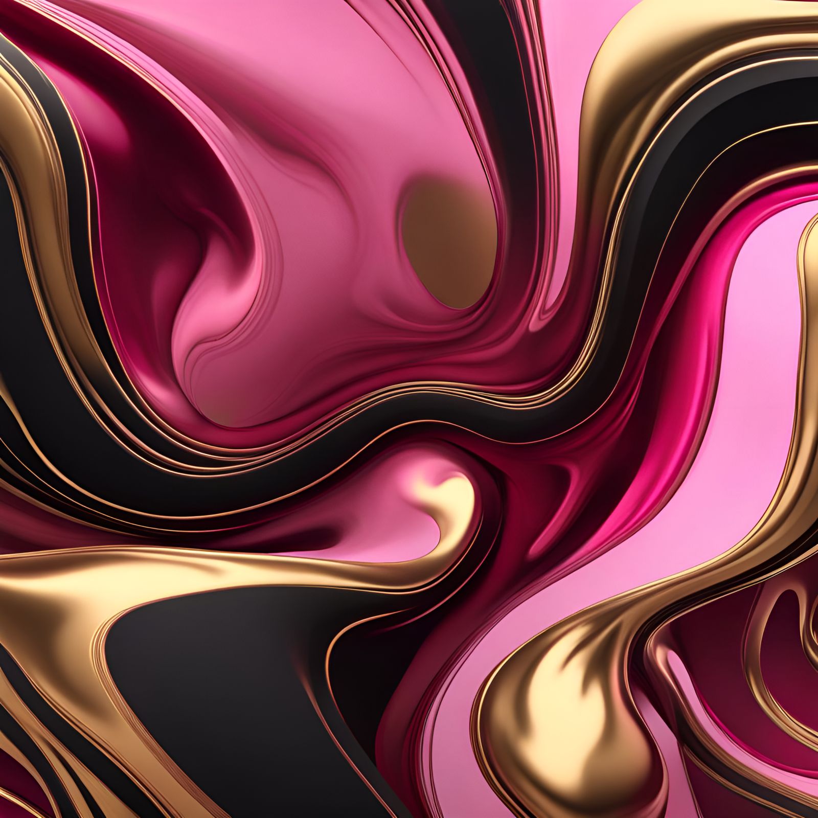 A painting with pink, gold and black swirls, in the style of dark