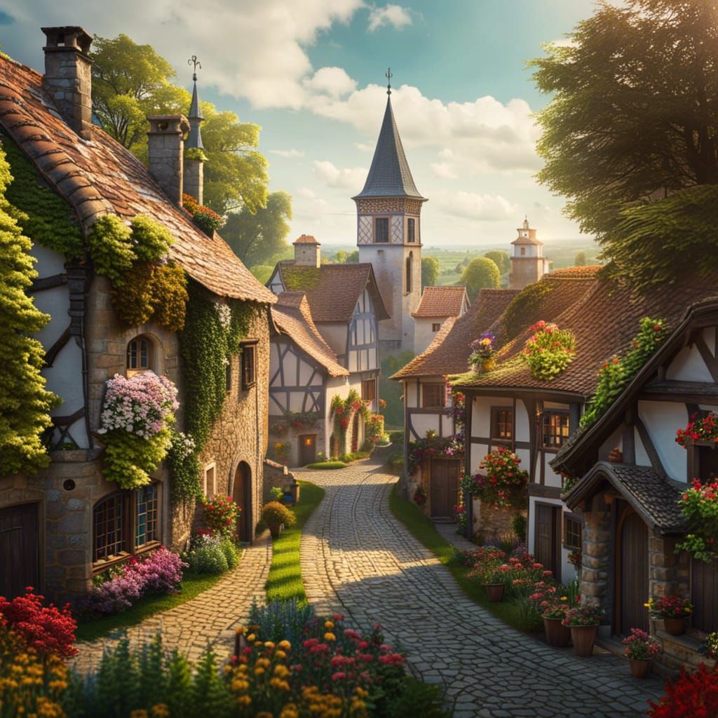 Aerial view of medieval village. Countryside village,  quaint cottages nestled along rolling green fields, ...  by @Artificial Intelligence Artist
