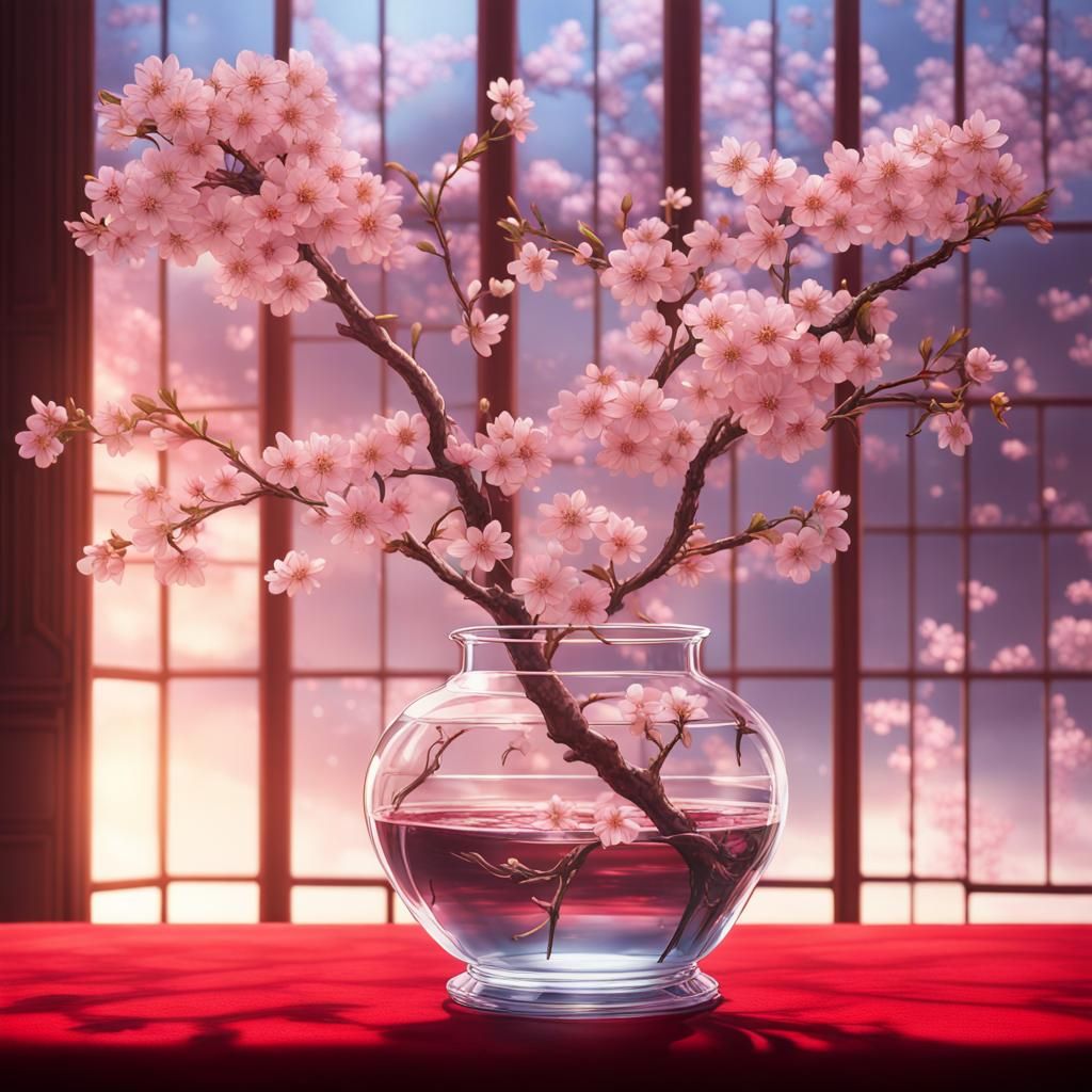 a branche of cherryblossoms in a fine cristal vase on a red ...