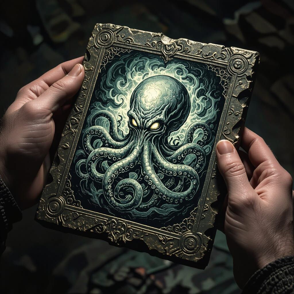 hands holding a strange tablet with chthulhu image. do not write names