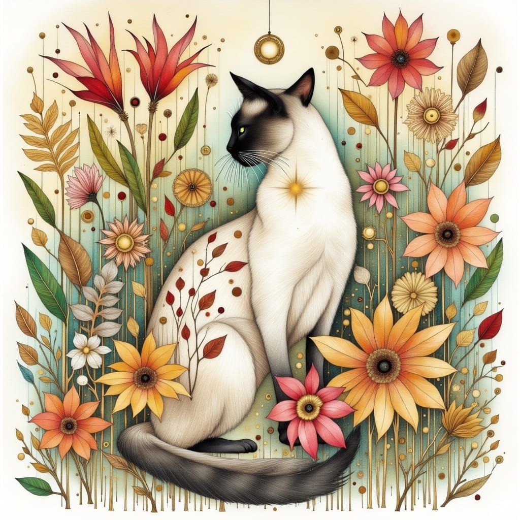 Watercolor painting: Elegant Siamese cat, in the style of Klimt and Mucha. Intricate, detailed, beautiful <lora:Earth and stone:1.0>