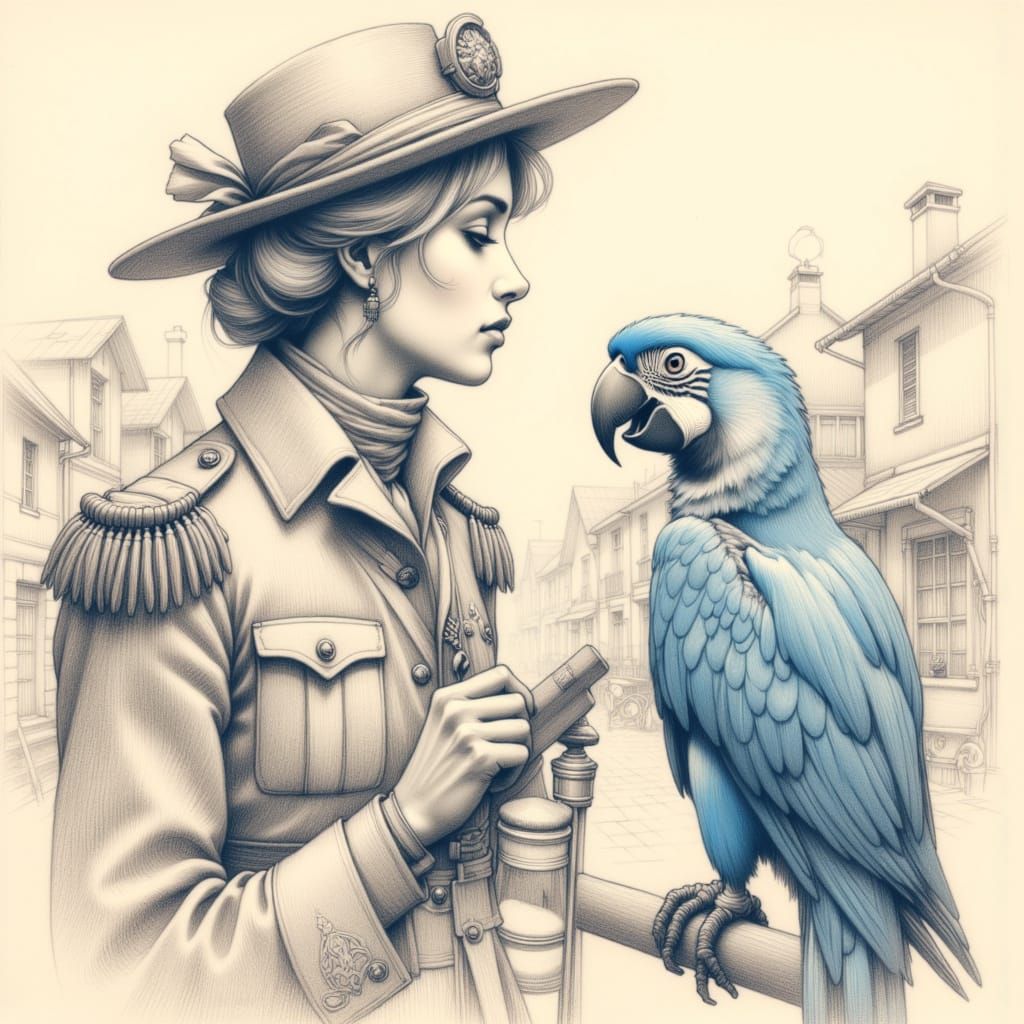 <lora:province:1.0> on a flat drawn background of an provincial town admiral and a blue parrot. Pencil drawing with multiple outlines, selec...