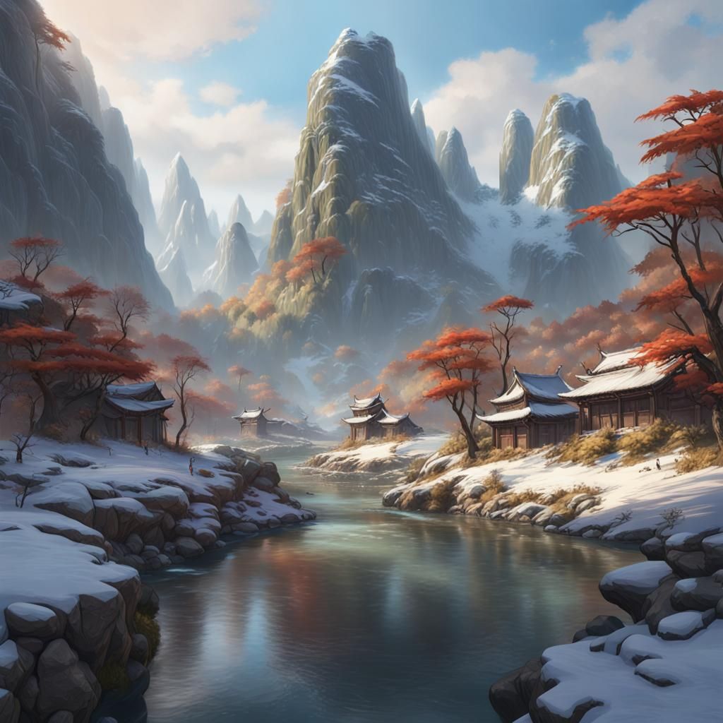 Guizhou snow capped karst mountains with stream.   by @Aquaman420
