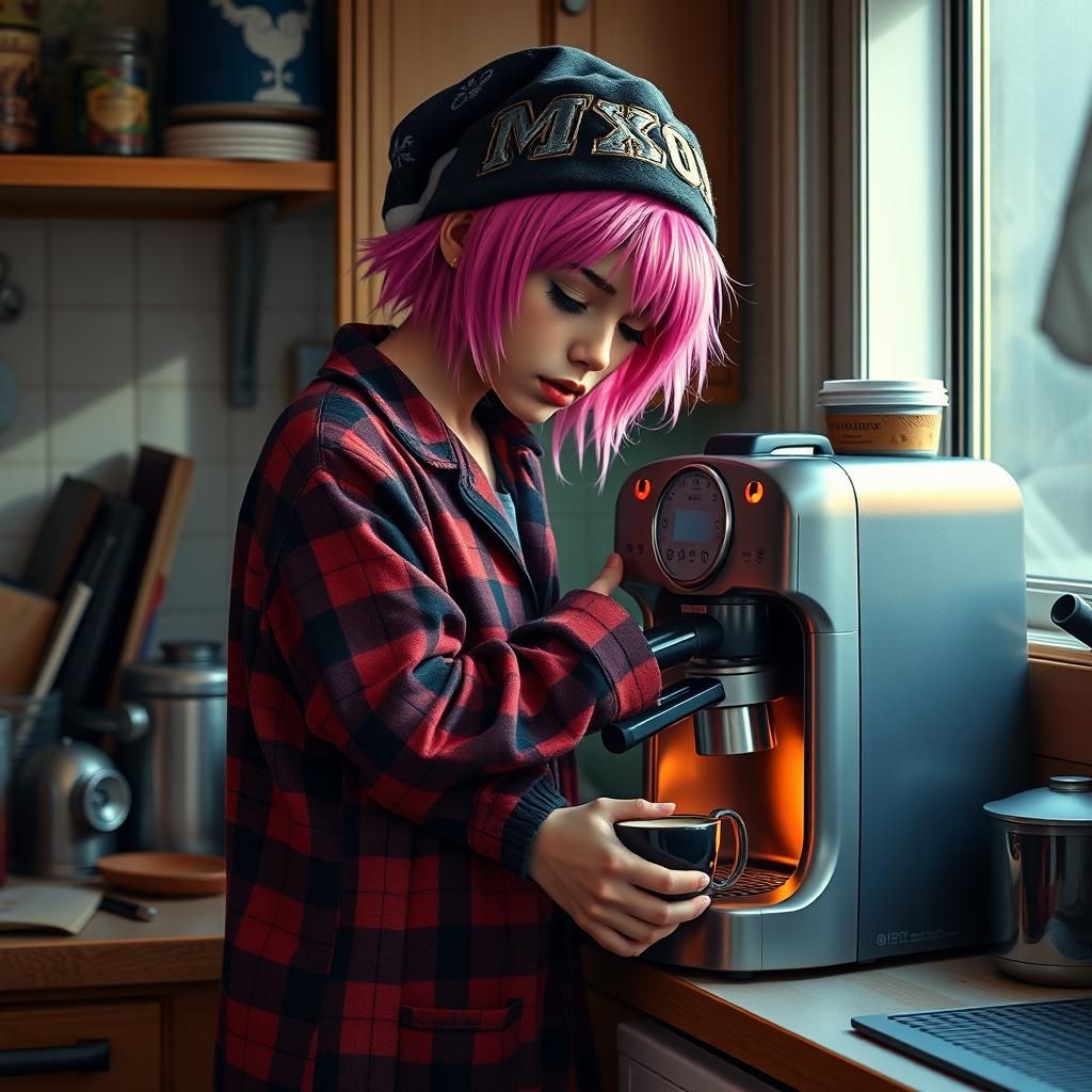 Picture perfect realistic Adorable punk in pajamas and a nig...