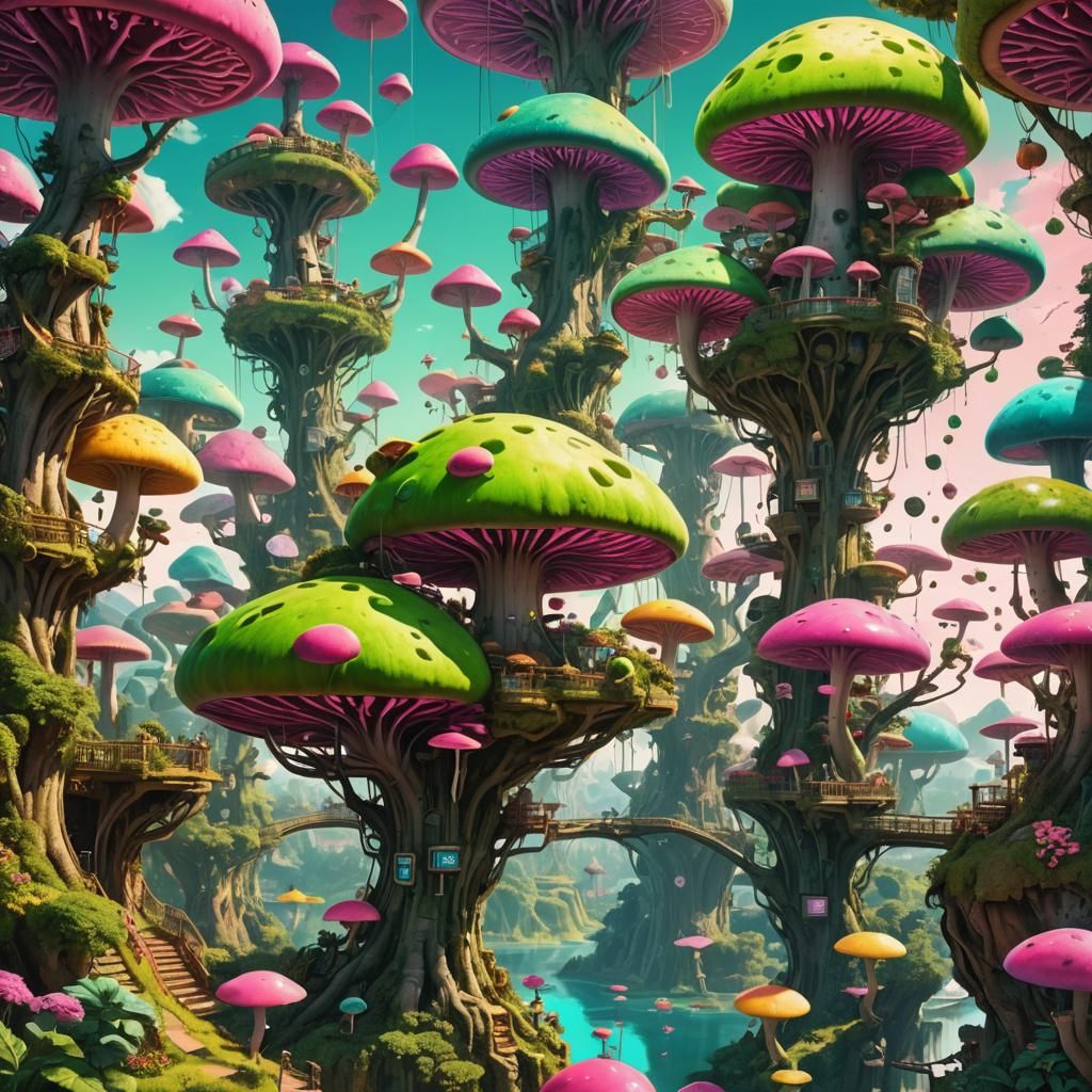 Surreal creations featuring whimsical structures shaped like...