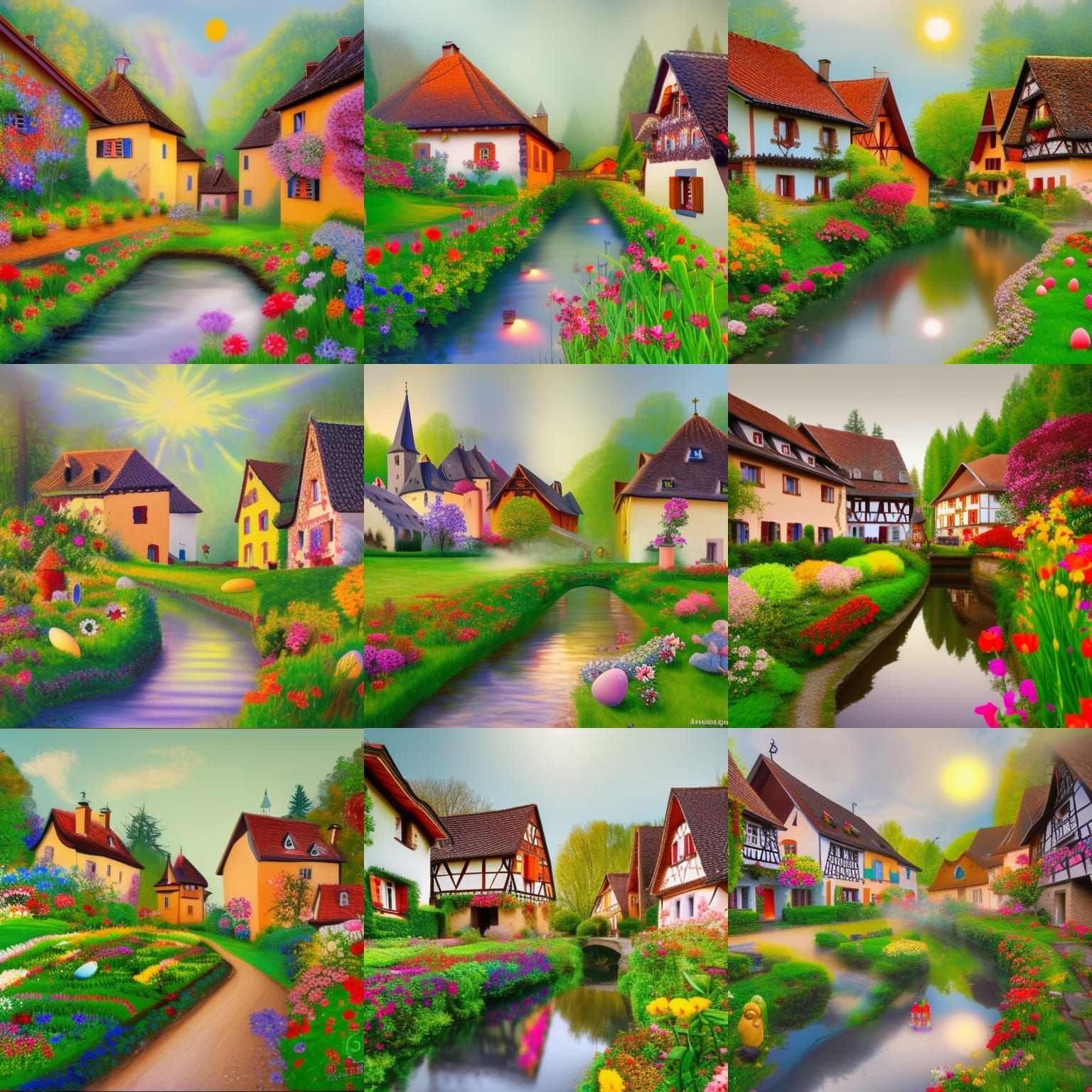 Alsatian village, traditional village, naïve style, naïve ar...