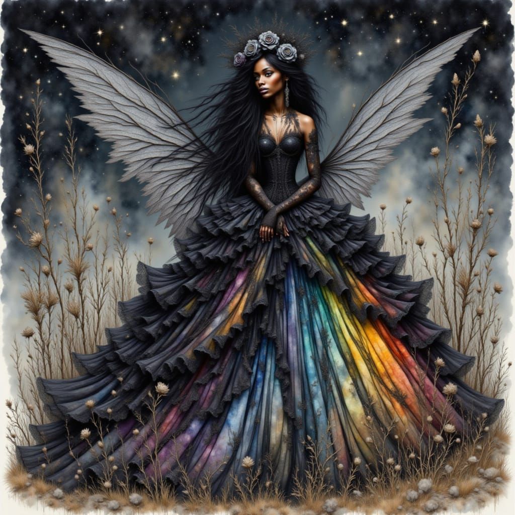 <lora:Dress Intensity:1.0> Watercolor dynamic drawing fantasy of an African goth woman in a black rococo ball gown with rainbow ruffles, ful...