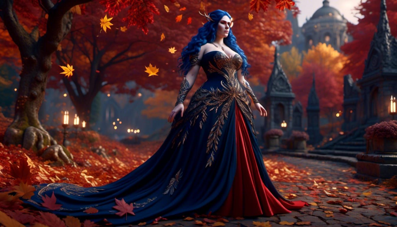 <lora:Mystical Fantasy:1.0>  A curvy elf with midnight blue hair, pale skin, glowing golden eyes while wearing a long flowing red gown surro...