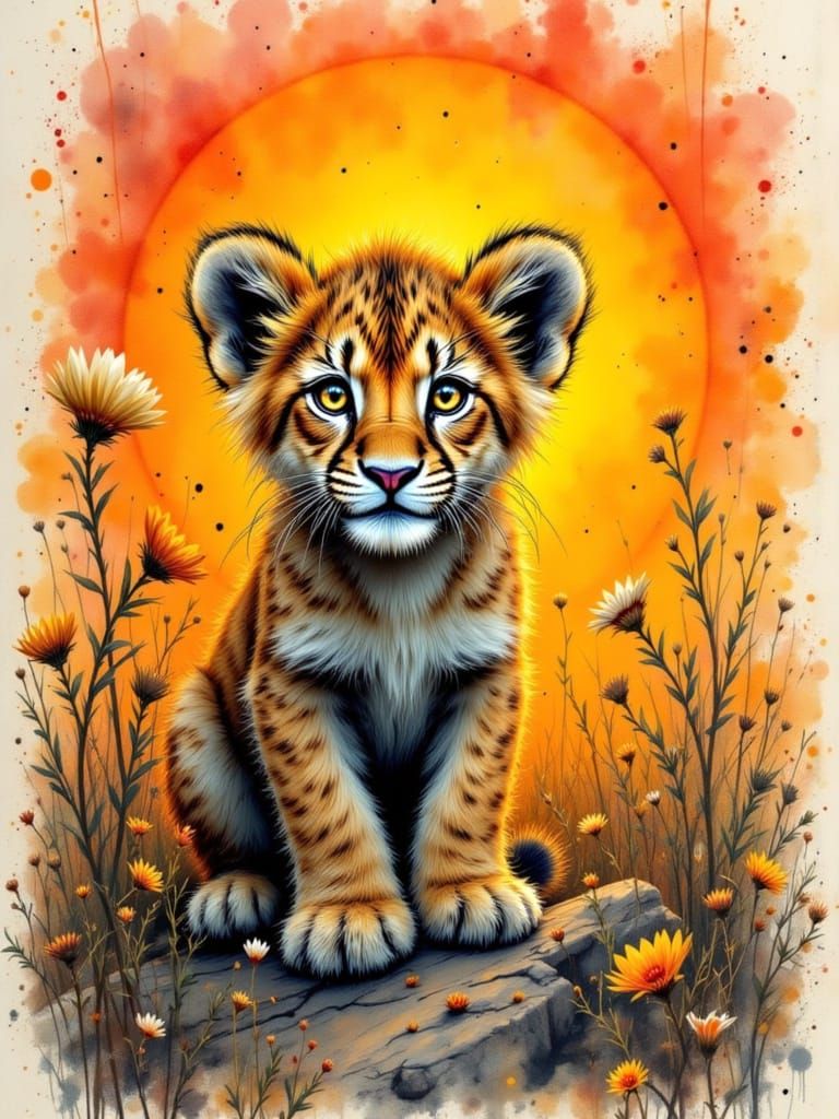 <lora:HRH-pawtraits:1.0> Beautiful lion cub in a sunset savannah blaze ,hyper detailed, Ink and watercolour, grunge, splatters, drips and sc...
