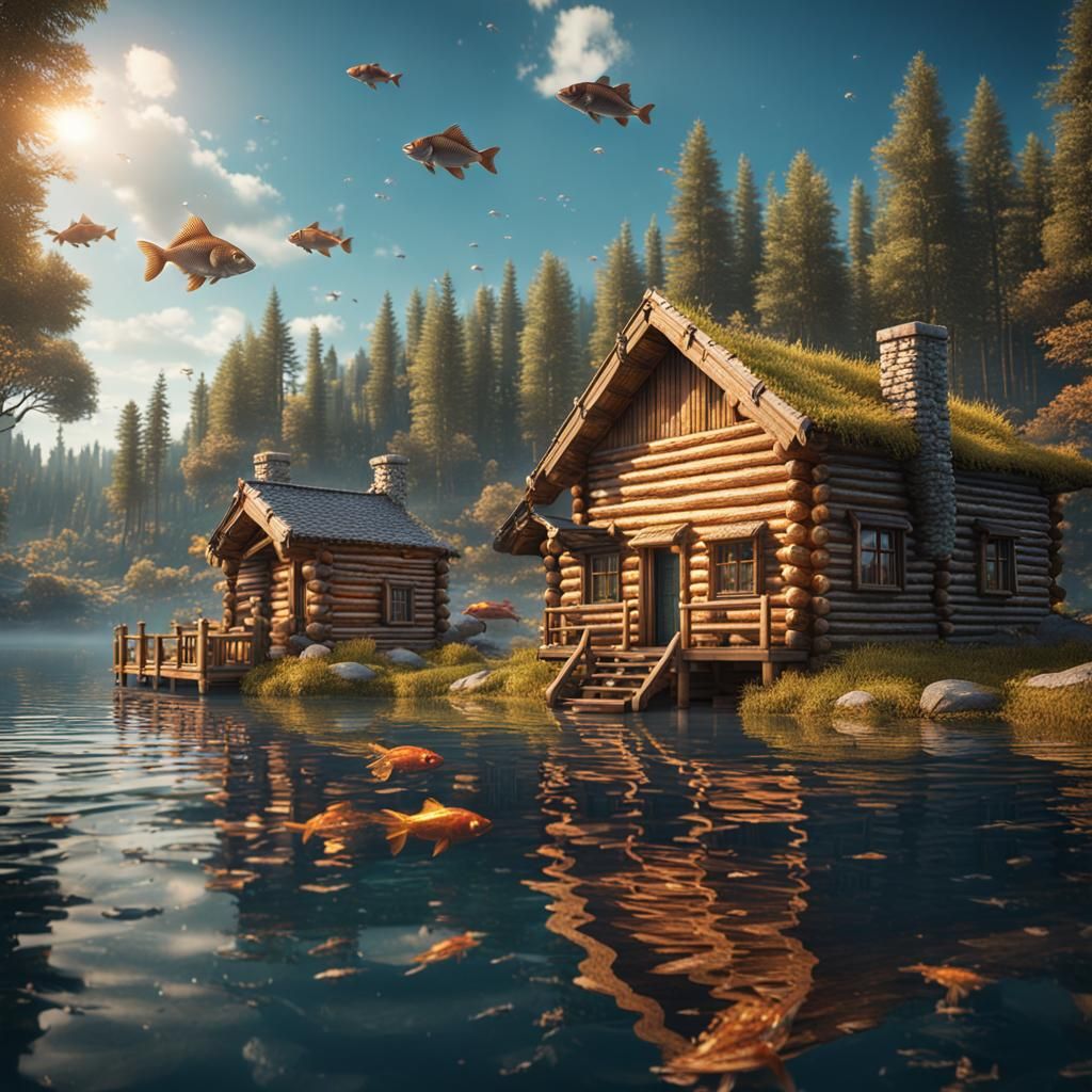 Log cabins in a lake with fish jumping everywhere ultra real...