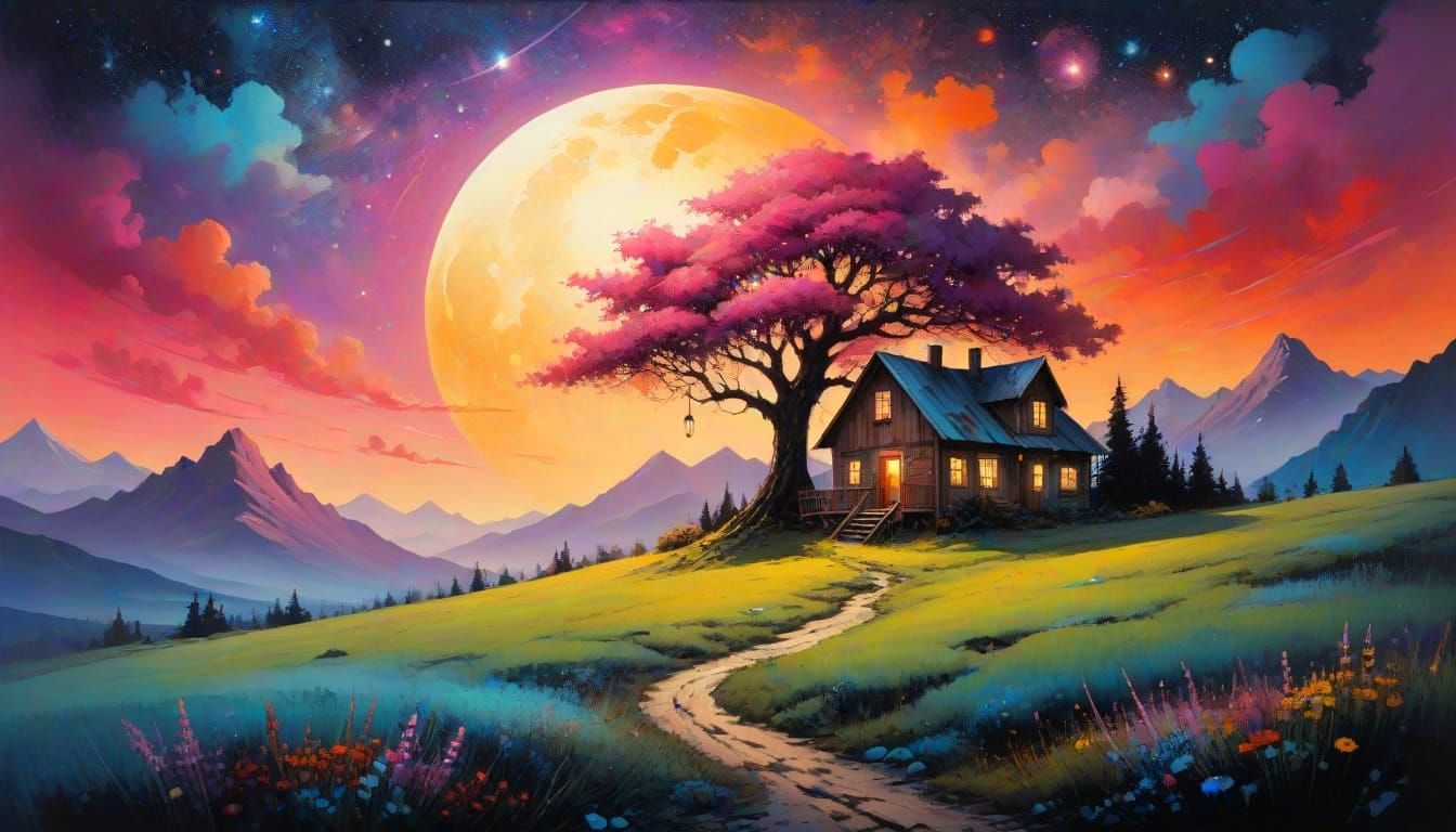 A fantastic rustic painting capturing a serene countryside landscape with a rustic house lit by a dim ...  by @Hugo Raul