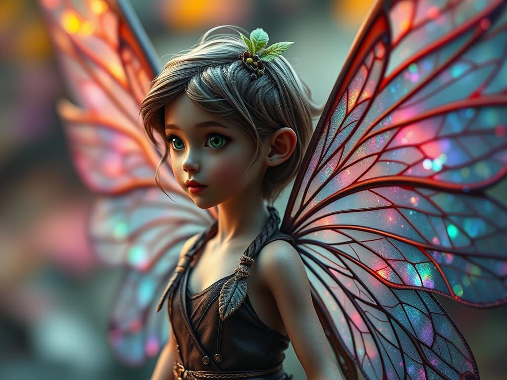 a tiny little wood nymph with the most gorgeous huge magnificent filigree florescent wings Hyperrealistic, ...  by @Pinto