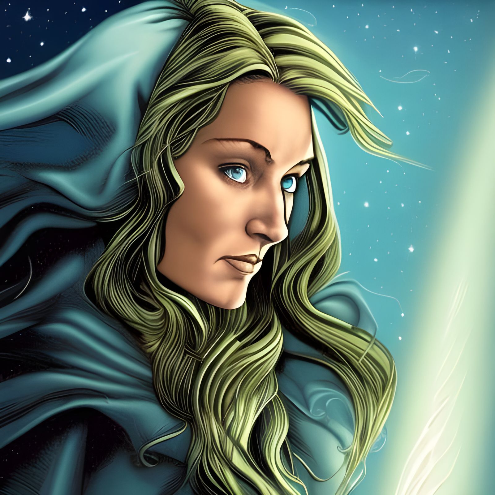 Lady Éowyn wore a great blue mantle of the colour of deep su...