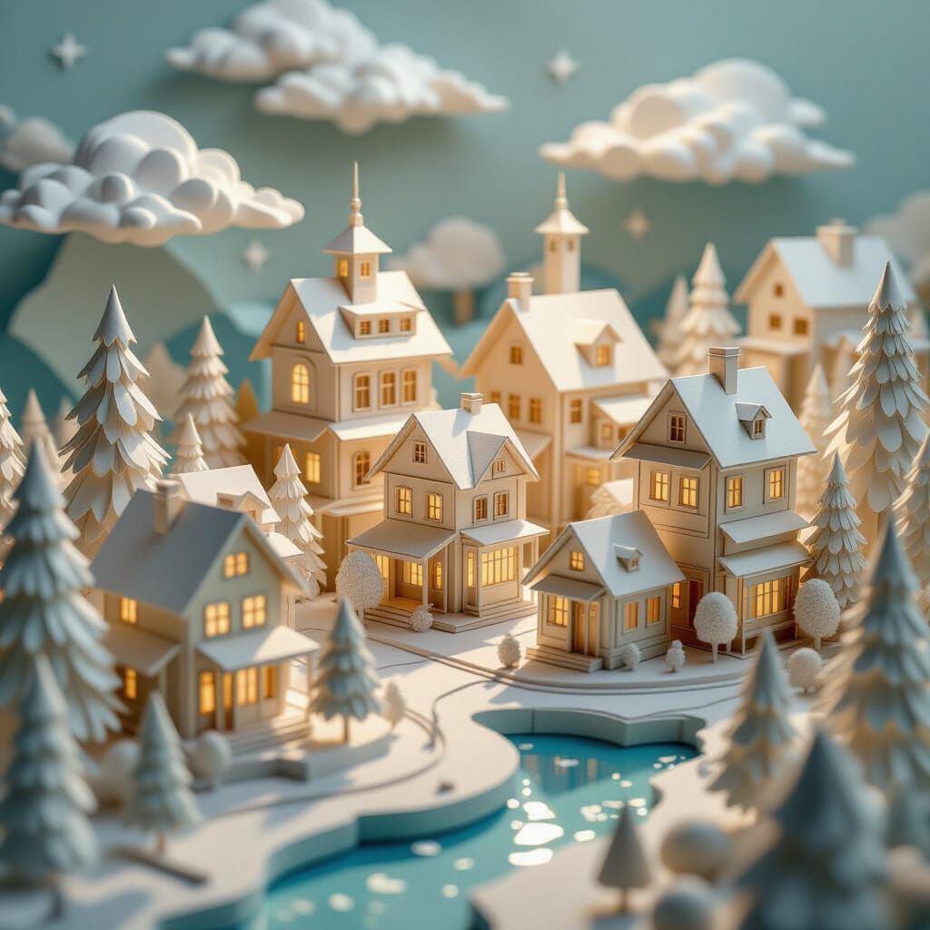 imagine an intricate paper world, entire scenes built from folded, cut, and layered paper, full of depth and texture — handcrafted miniature...