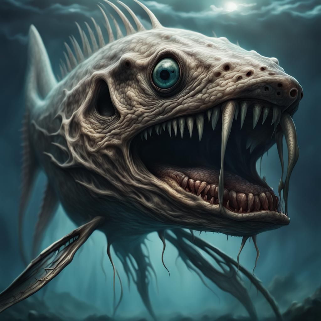 monster, skeletal fish with transparent skin, long fangs and sightless ...