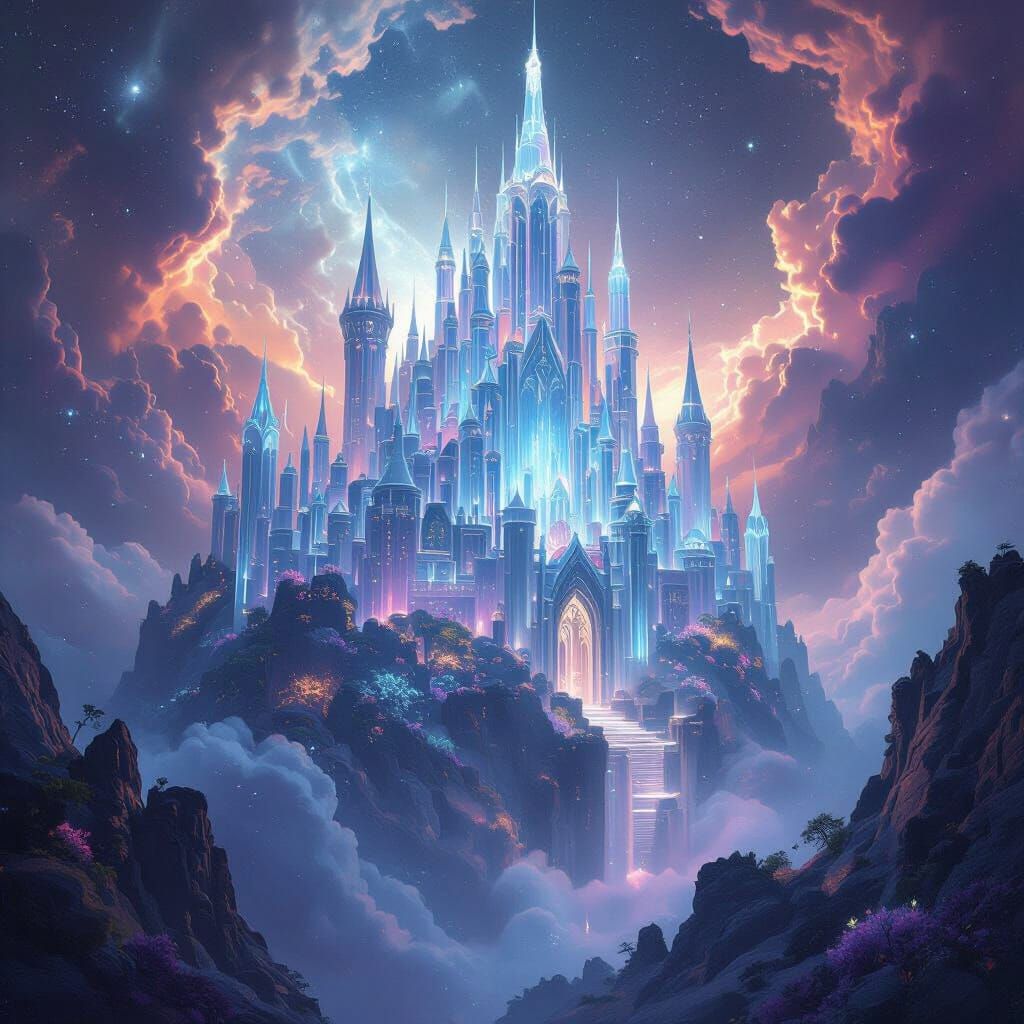 A majestic, crystalline castle floats amidst a nebula of swirling cosmic dust and nebulae. Bioluminescent flora grows on its ethereal rampar...