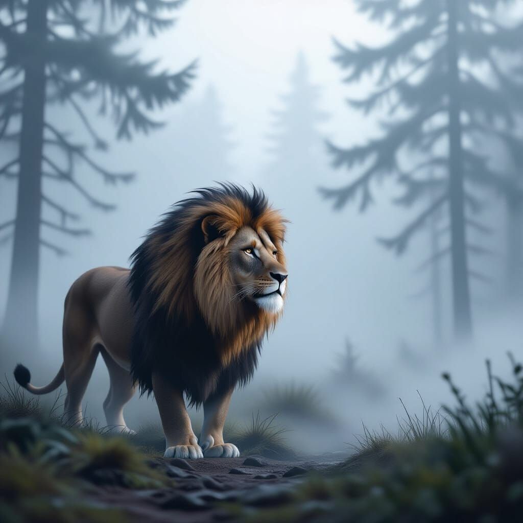 A majestic lion, its mane appearing as wisps of fog, stands at the edge of a misty forest clearing. The trees are indistinct shapes in the b...