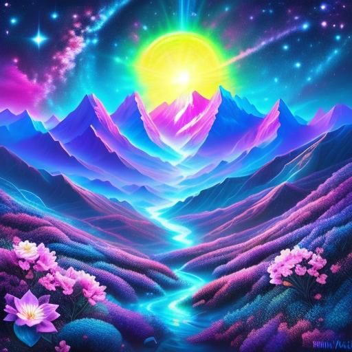 Vibrant bright neon lights in the sky surrounded by mountains <lora:Vibrant Landscapes:1.0> and blossoming flowers