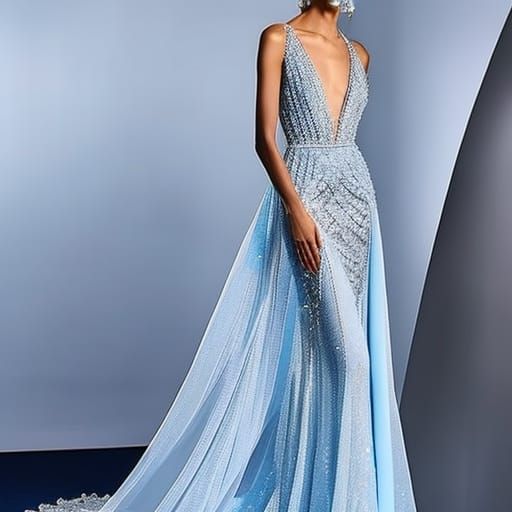 Ethereal crystal blue met gala dress with shimmery sliver ac...