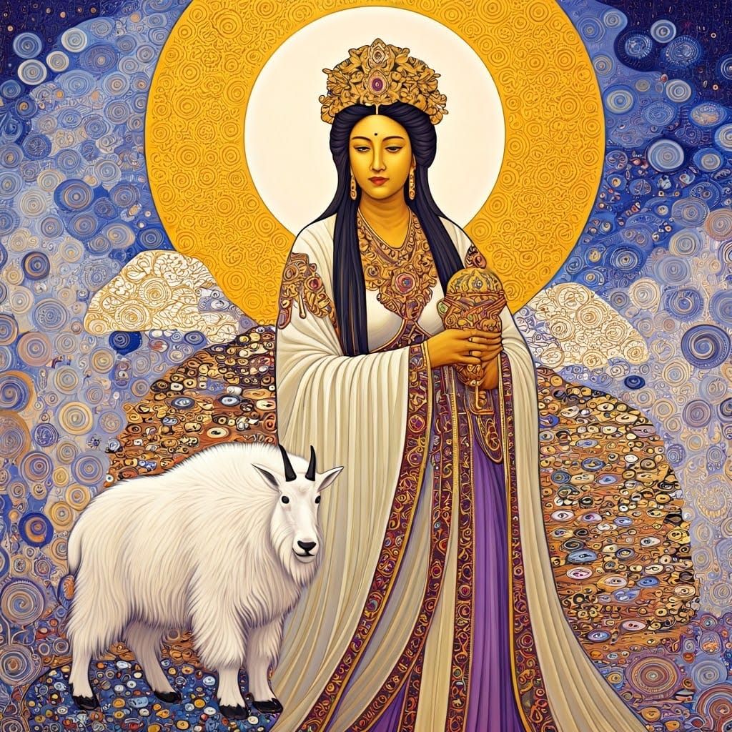 Golden Goddess with Goat in Klimt-Inspired Abstract Art