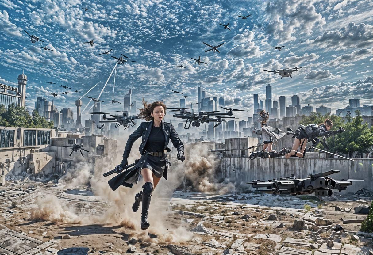 Woman runs, coat,  short skirt, futuristic machine gun on wide belt , high boots , two flying drones , flying in background .