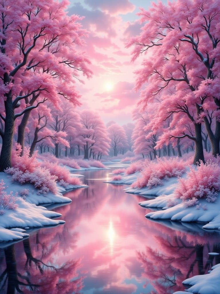 Ethereal Winter Landscape at Twilight with Pink Skies