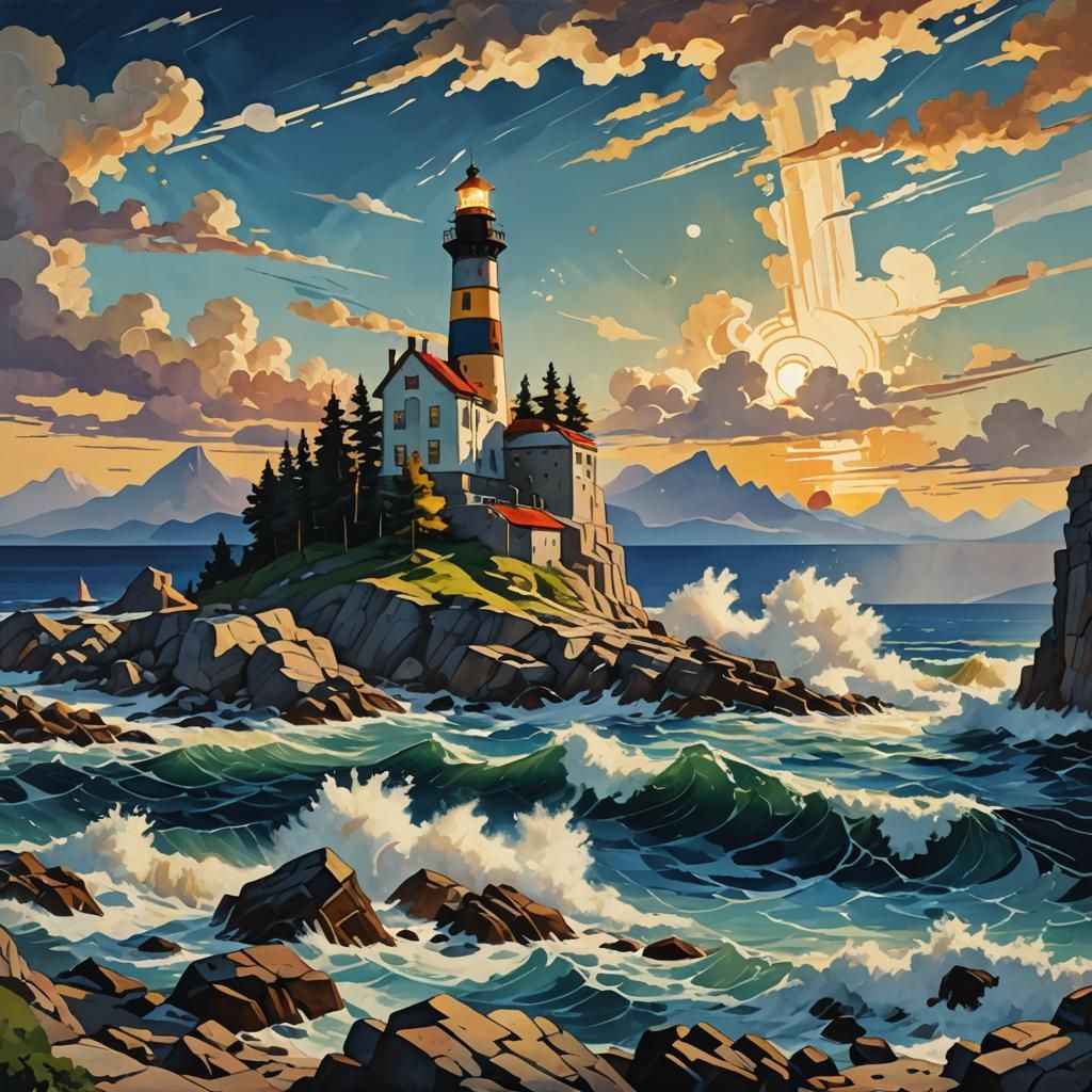 with a lighthouse standing tall on the shore, Complex contra...