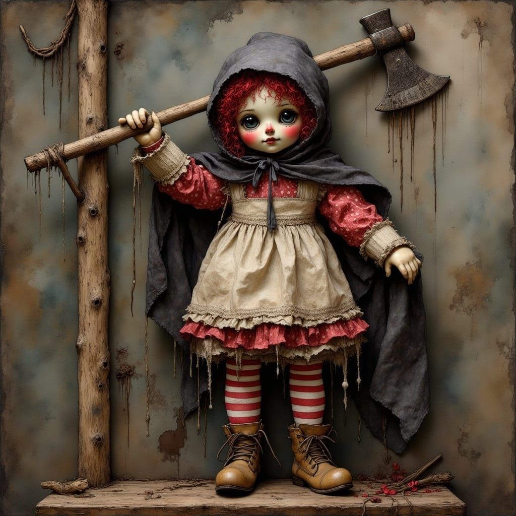 <lora:Ink Poet:1.0> <lora:Morbid:1.0> Raggedy Ann as a 14th century executioner.