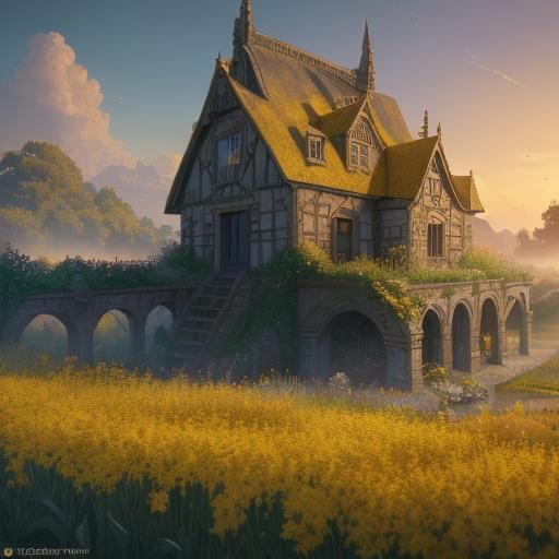 rural garden with yellow flowers in golden hour