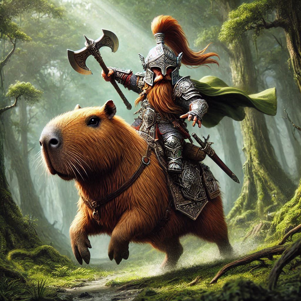 Dwarf riding his faithful giant Capybara
