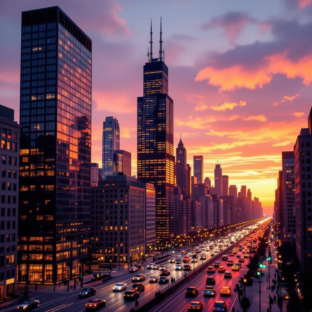 A realistic vibrant sunset over a bustling cityscape  by @Lollipop123