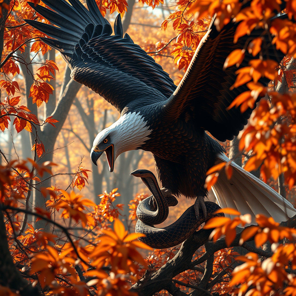 נשר תופס נחש צפע בין השיחים בסתיו