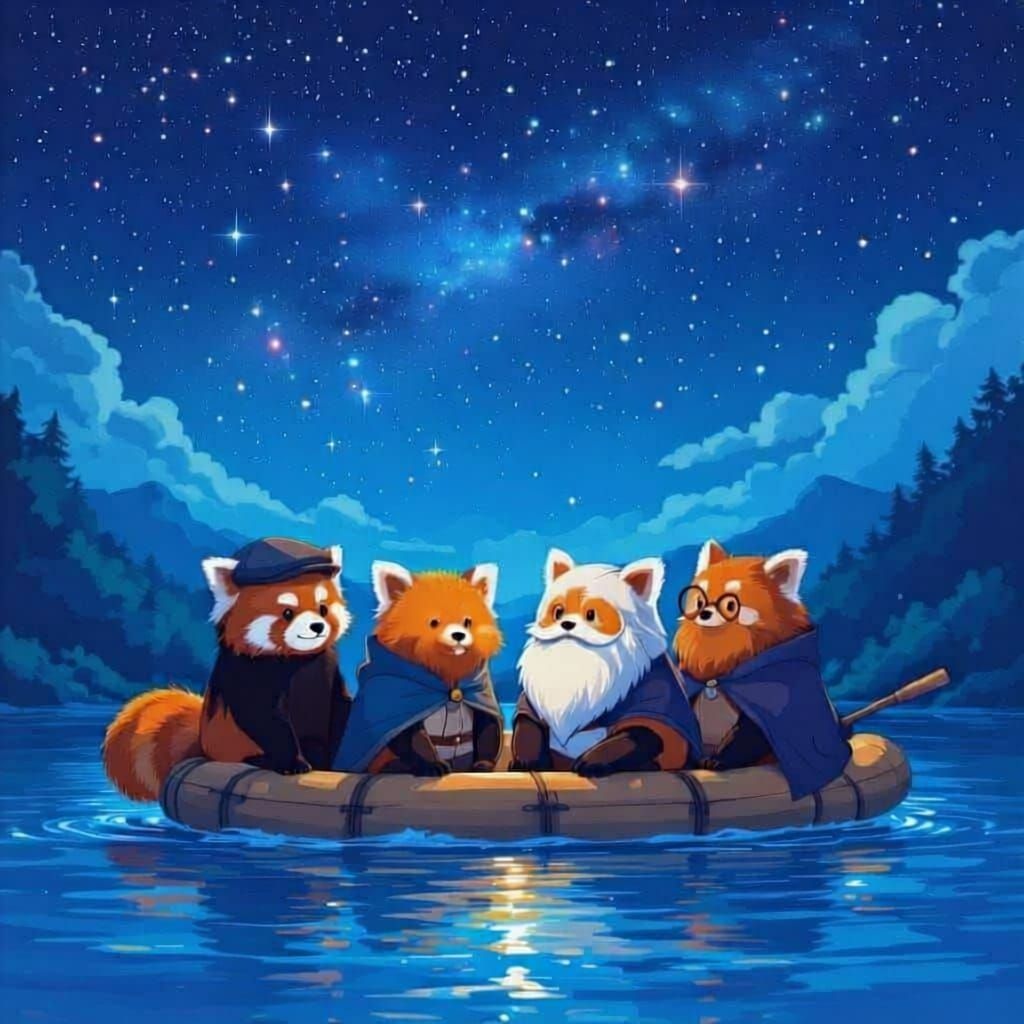Four red pandas. One with a flat cap. One with a white beard and a cloak. One with a ginger beard and round glasses. Another with no accesso...