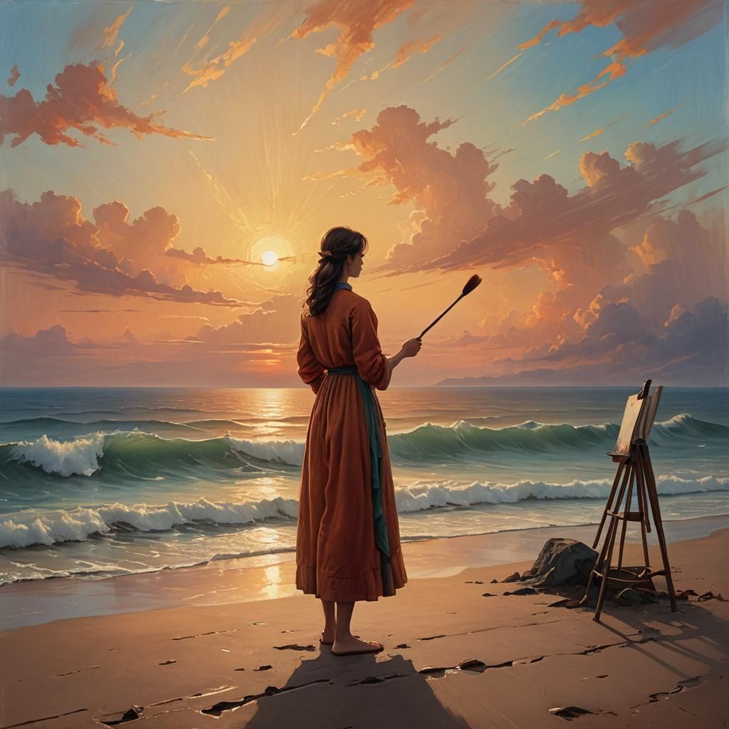 Femme artiste peintre peignant une toile de paysage champêtr...
