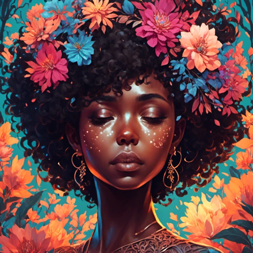 melanated, short hair, floral - AI Generated Artwork - NightCafe Creator