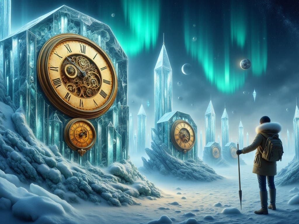 <lora:FiosTimeWarp:1.0> Massive crystal formations containing frozen clockwork mechanisms, ice-encased grandfather clocks with visible gear...