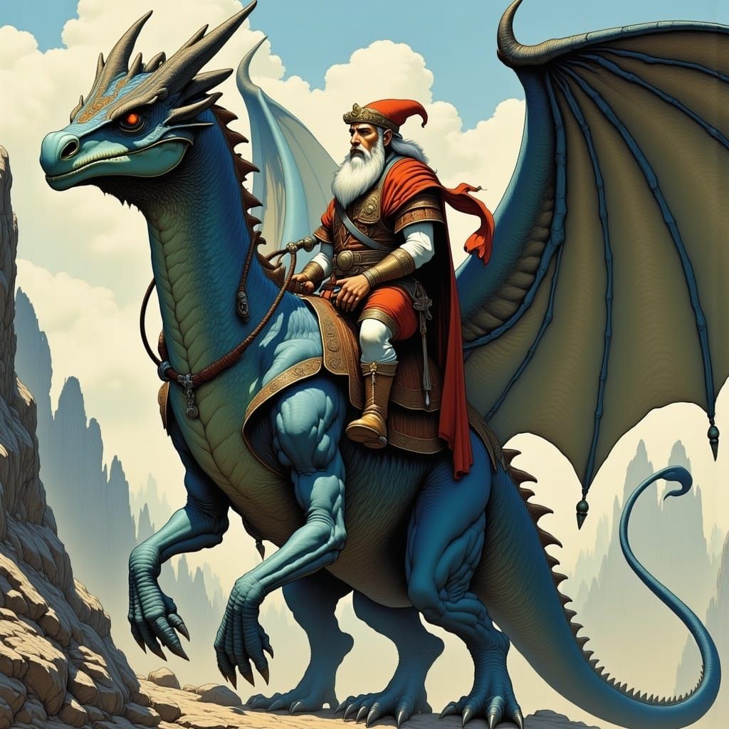  <lora:MObius Flux:1.0> A dwarf riding a gryphon