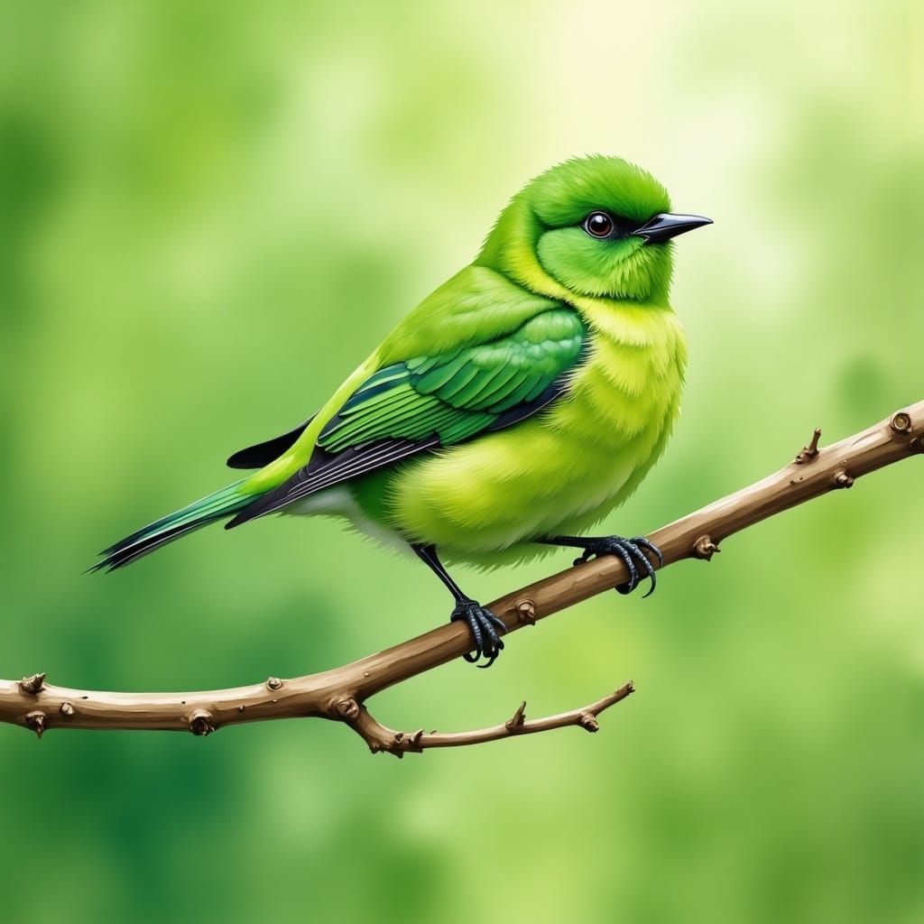 <lora:GuacaMOle Flux:1.0> A small green bird sitting on a delicate branch, high resolution