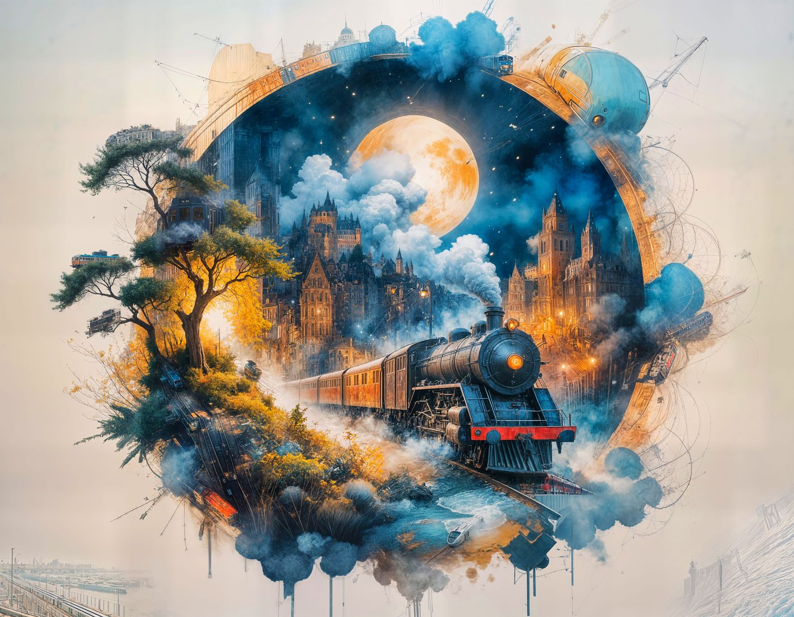 Stylized Watercolour Cityscape with Train