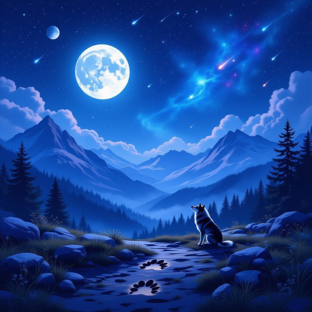 Cosmic Mountain Landscape Under Full Moon and Meteor Shower