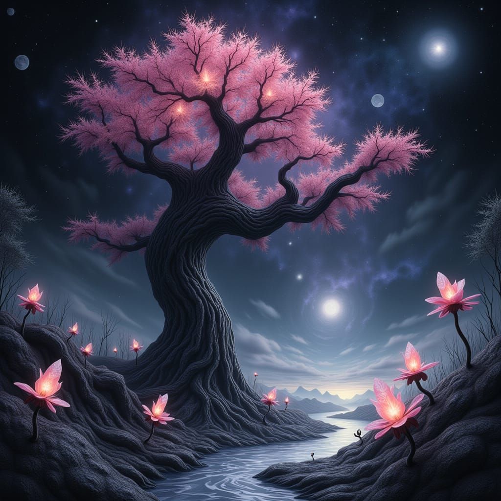 <lora:Black And White 3:1.0> A colossal, ancient tree with roots that twist into the void, its branches laden with crystalline fruits that e...