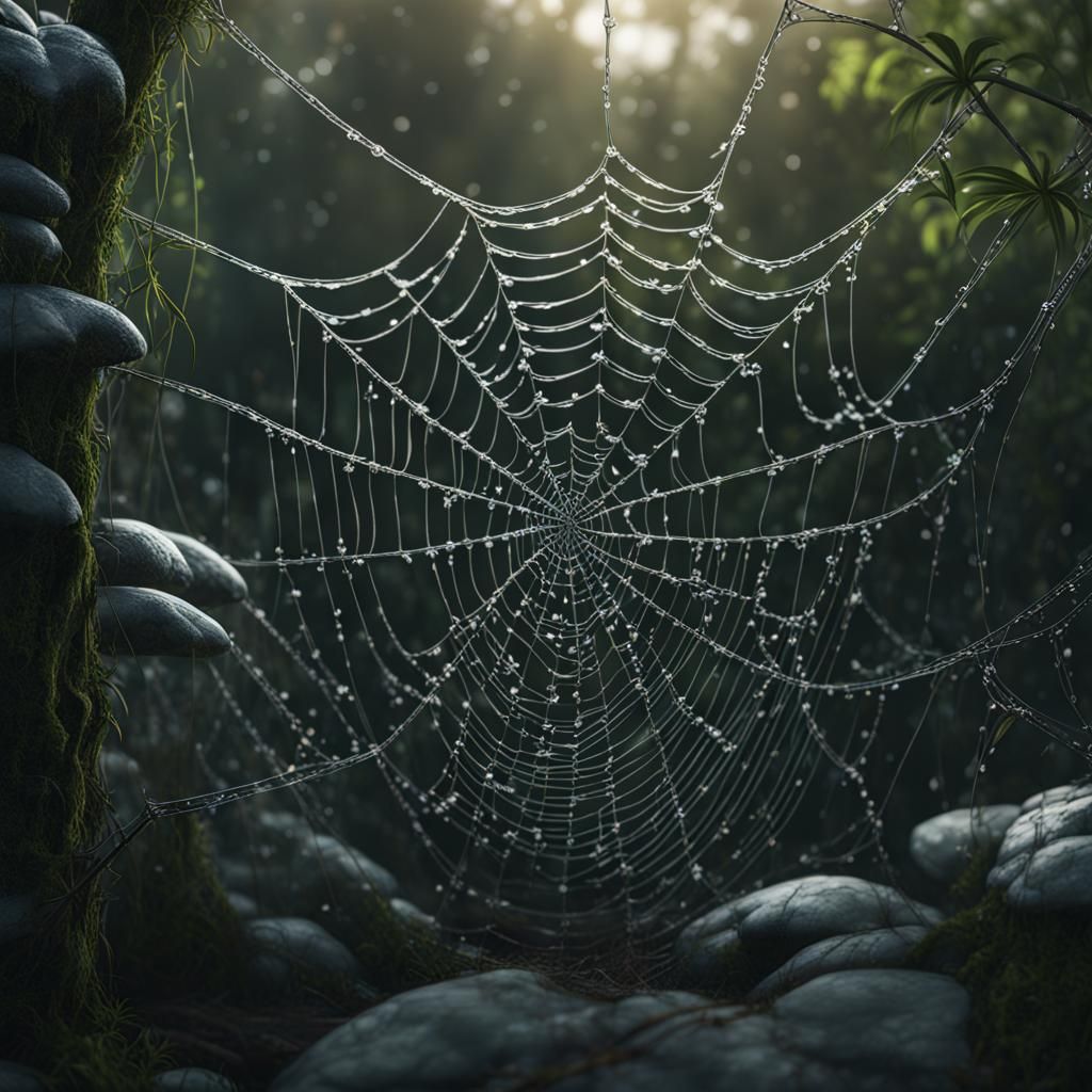 An intricate spider web draped between bushes, drenched in moisture  by @Sharoja