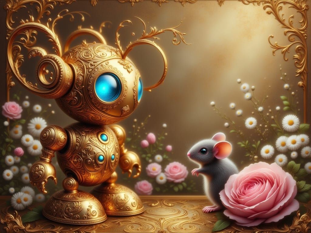 <lora:FiosGoldOpulence:1.0> Max the friendly Robot and mouse friend
