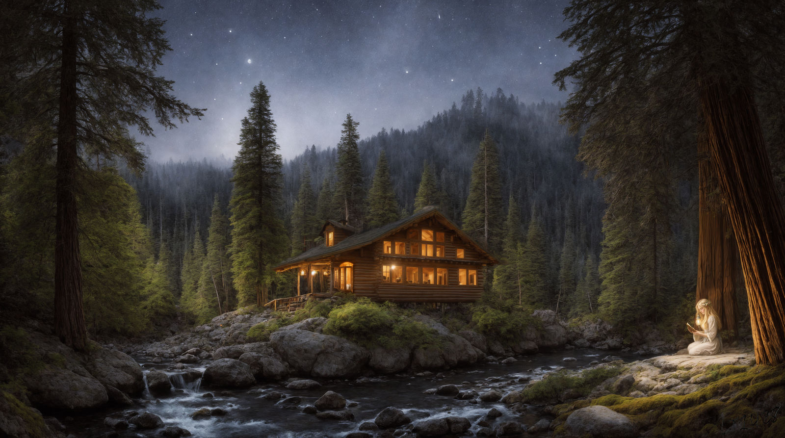 Log cabin next to the creek, and a Book