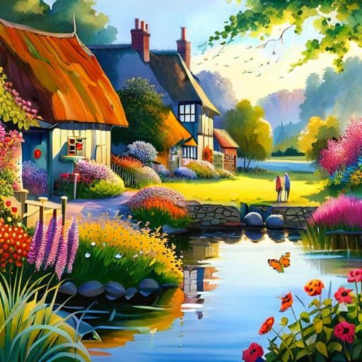 Delightful British countryside landscape with a village pond and ...