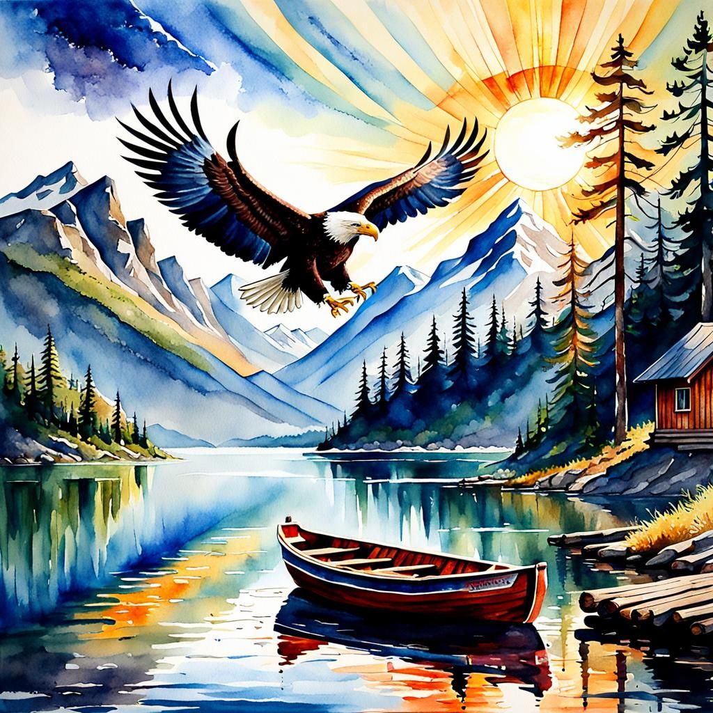 eagle, full flight, watercolour, brush strokes, mountains, s...