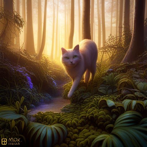 Beautiful cat into a Enchanted forest volumetric lighting Jérôme Bosch ...