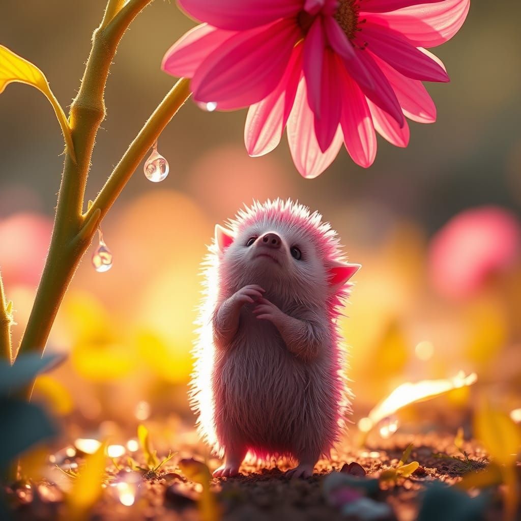 A pink hedgehog standing on its hind legs smelling a flower, the hedgehog is holding the flower by the ...  by @undefined