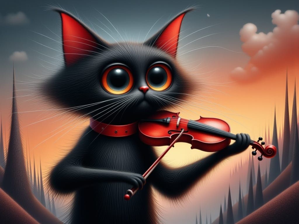 A cat playing a violin : provocative tone mapped Digital Illustration by Jeff Soto, Brian Kesinger, Ross Tran, Pino Daeni and Beeple, Carne_...
