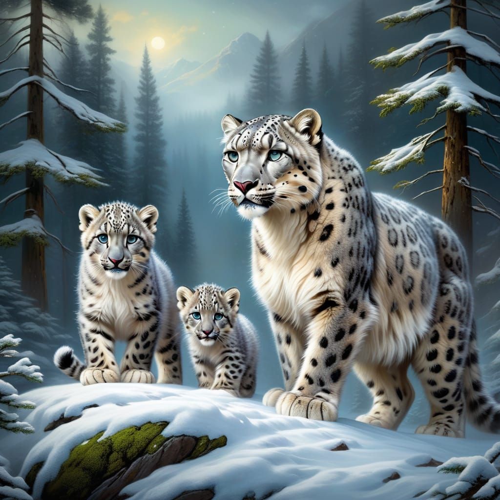 Snow Leopard Family in Ancient Winter Wonderland